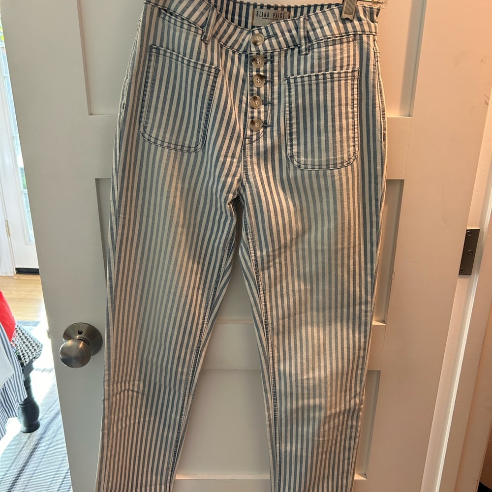 Blue white stripe lightweight denim. Size S